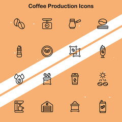 Collection of coffee production icons illustrating the process from beans to cup perfect for food and beverage themes.