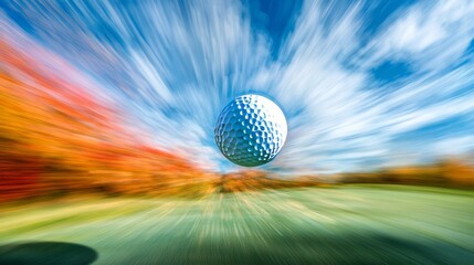Double exposure of a golf ball mid-flight, merging with a vibrant fairway, pin in the distance. Blurred motion effect in the sky, vibrant greens contrast