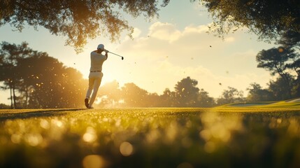 A golfer in a dynamic swing, layered with a panoramic view of a serene golf course. Close-up of a golf ball near the hole, dramatic sunlight casting long shadows