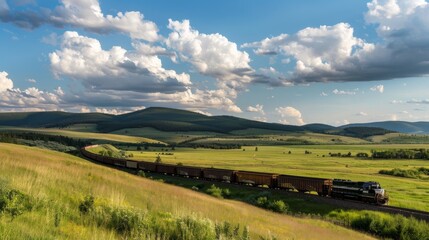Obraz premium A freight train passing through a scenic countryside, rural setting with rolling hills, Natural style