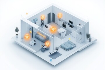 3d isometric office interior with furniture, computer and internet connection concept