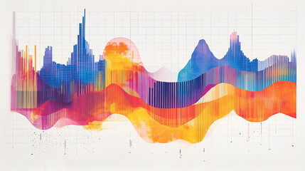 A vibrant detailed graph with multiple line charts overlaid on a bar chart, set against a grid on a white background