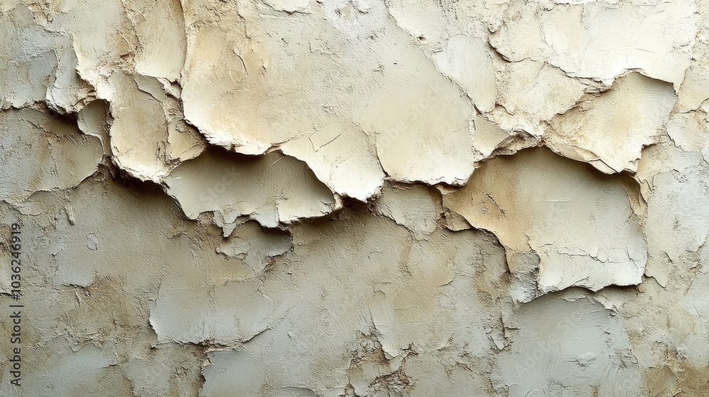 Fototapete A close-up view of a textured wall shows peeling paint in neutral shades, showcasing layers of history and unique organic patterns. The worn surface adds character and depth.
