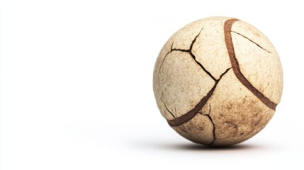 Worn-out tennis ball, cracked surface, isolated on white background.