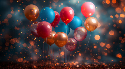 Title: Festive celebration with colorful balloons, glitter, and confetti against twinkling lights background
