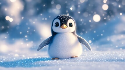 3D Cute Baby Penguin Sliding on a Pastel Blue Iceberg