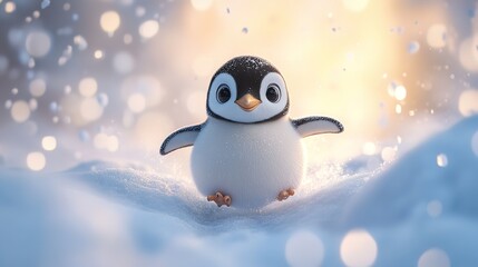 Playful 3D Cute Baby Penguin Sliding Joyfully on a Soft Pastel Colored Surface