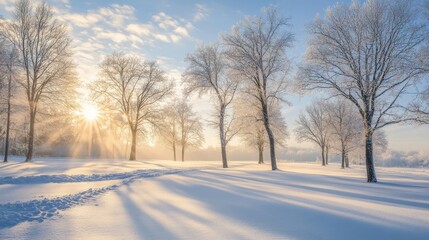 Capture a stunning, realistic image of a beautiful winter landscape, showcasing the first snowfall as it blankets the trees and ground in soft white, with crisp air and a serene, untouched wilderness 