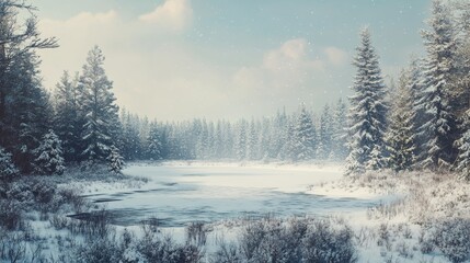 Fototapeta premium Capture a stunning, realistic image of a beautiful winter landscape, showcasing the first snowfall as it blankets the trees and ground in soft white, with crisp air and a serene, untouched wilderness 