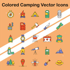 Collection of camping icons depicting outdoor and camping activities ideal for adventure and nature themes.
