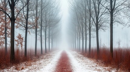 Fototapeta premium Snowy Path Through a Misty Forest