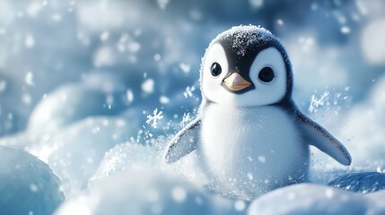 Obraz premium Playful 3D Cute Baby Penguin Sliding Joyfully on a Soft Pastel Colored Surface