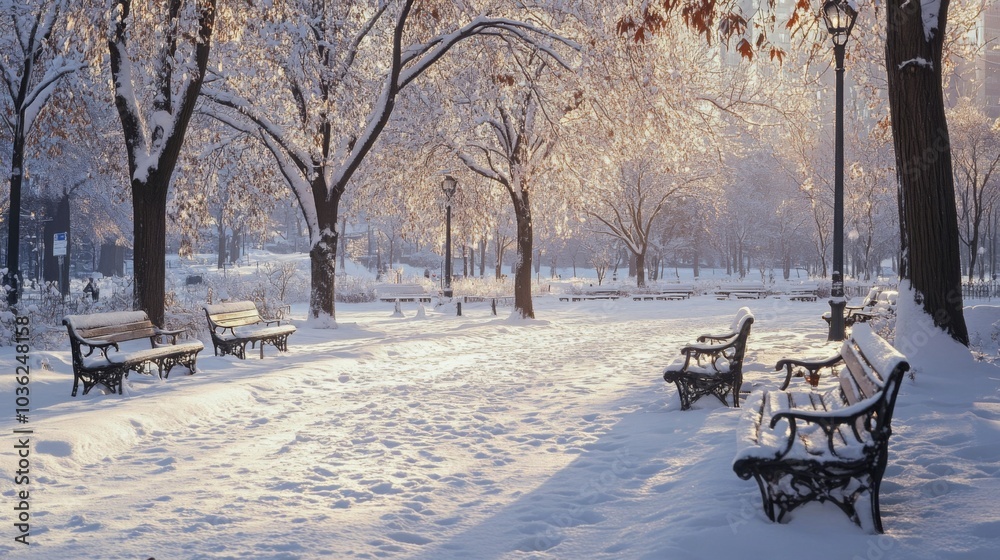Poster a snow-covered park scene with multiple park benches. the snow-covered trees line a pathway that lea