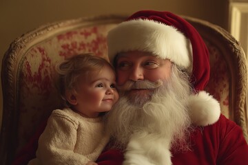 Obraz premium Portrait of Santa Claus sitting in armchair with kid on his knees