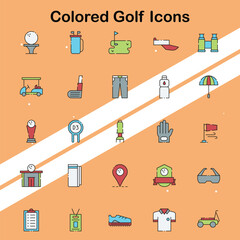 Set of golf icons illustrating various golfing equipment and activities suitable for sports and leisure themes.
