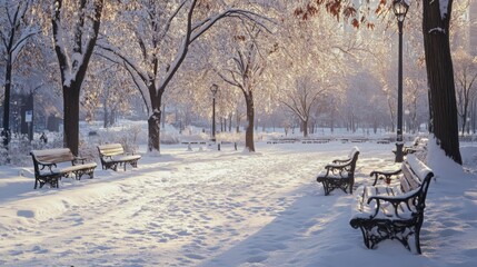 A snow-covered park scene with multiple park benches. The snow-covered trees line a pathway that leads through the park.