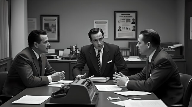 business people meeting colleagues teamwork of early days, old times working place in the 1960s. 
