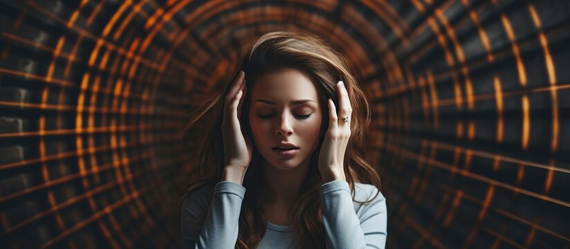 Woman hands on his head felling headache dizzy sense of spinning dizziness. 