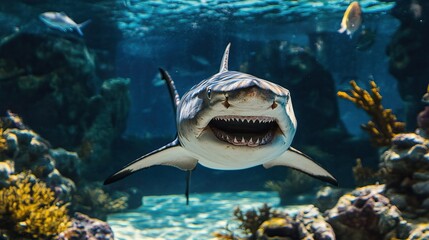 Fototapeta premium Shark's Open Mouth in Aquarium Tank