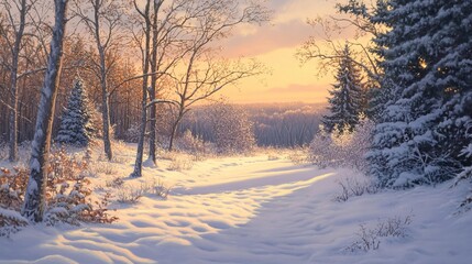 Capture a stunningly realistic image of the first winter landscape, with snow gently blanketing the ground, frost-kissed trees, and soft light illuminating the peaceful, untouched beauty of the season