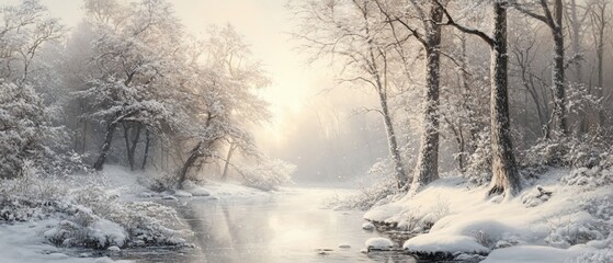 Capture a stunningly realistic image of the first winter landscape, with snow gently blanketing the ground, frost-kissed trees, and soft light illuminating the peaceful, untouched beauty of the season