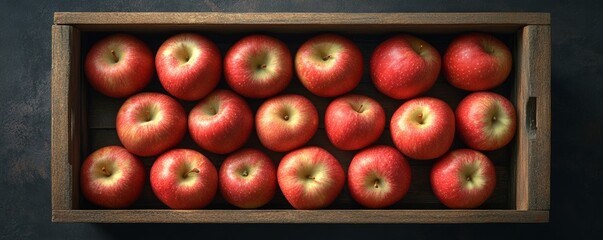 Freshly picked red apples in a wooden box, top view, floating on a transparent background with crisp lighting and minimal shadows, ideal for e-commerce