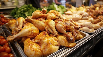 Roasted Chicken Quarters in a Market Display