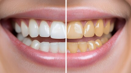 Before-and-after comparison of a smile, showcasing yellowish teeth before professional whitening and bright, gleaming teeth after the treatment