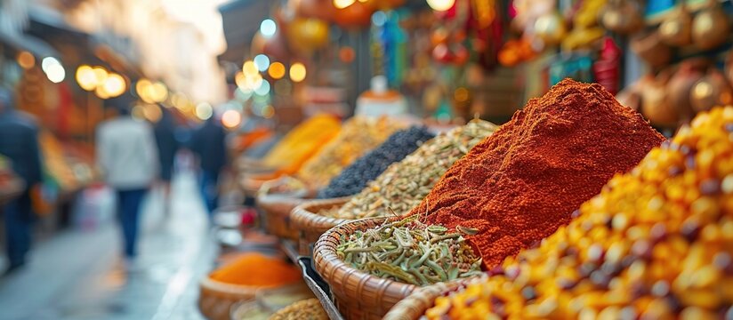 A traditional roadside market with stalls filled with colorful spices. Trade and local cultural wisdom.