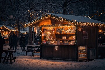 A cozy christmas market stall adorned with warm lights and holiday decorations captures the festive spirit of the season as visitors browse nearby , ai