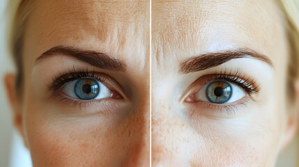 Fototapeta premium Blog post on Botox for facial rejuvenation, featuring detailed before-and-after photos of the forehead and eyes, illustrating wrinkle removal and skin smoothing, Photorealistic