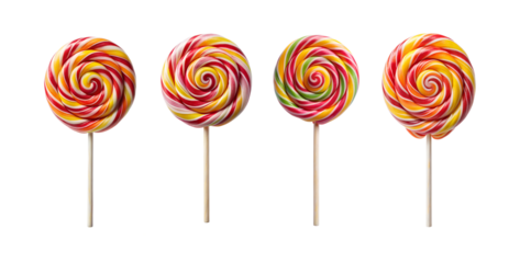 A variety of Colorful spiral lollipop with a swirl pattern on a white background featuring vibrant rainbow colors and a candy stick