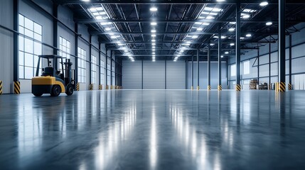 A spacious, well-lit warehouse featuring a polished concrete floor and a forklift ready for use.