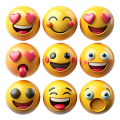 Joyful Emojis 3D Render: A collection of nine cheerful 3D rendered emojis expressing various emotions, perfect for adding a playful touch to your designs.  