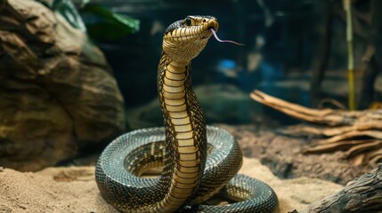 Fototapeta premium A close-up of a snake with its tongue flicking, poised in a natural habitat.