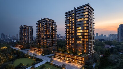 Fototapeta premium Three modern apartment buildings with illuminated windows, situated on a city street with greenery in the foreground at dusk.