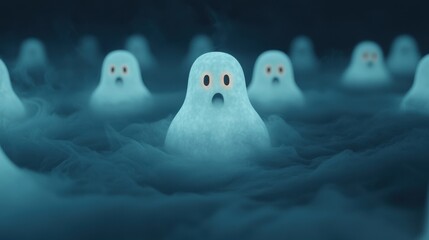 A whimsical portrayal of cute, ghost-like figures surrounded by a foggy atmosphere, evoking a playful and spooky ambiance.