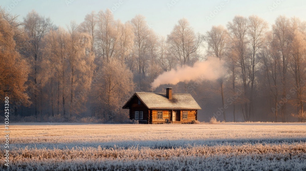 Poster a charming wooden cabin sits alone in a snow-covered field, with smoke curling from its chimney. fro