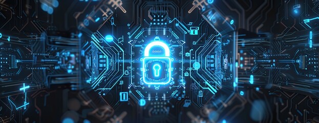 Obraz premium A digital lock surrounded by futuristic circuitry and blue holographic icons representing data security, set against an abstract background of dark gray with subtle light accents.