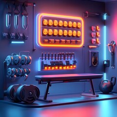 Colorful snack bar package on a gym bench, surrounded by workout accessories, glowing neon hues, Fitness illustration, futuristic, highly detailed