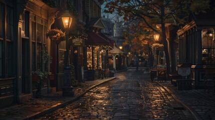 A weathered street scene with dimly lit lamp posts casting a warm glow over the cobbled sidewalks and oldfashioned storefronts.