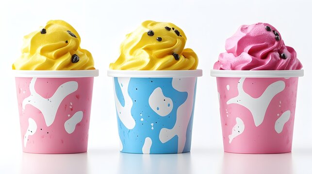 Colorful ice cream tub design with playful elements, summer illustrations, and bold fonts, isolated on white background