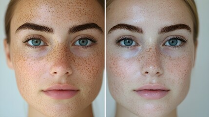 Capture a close-up comparison of a patient's skin before and after melasma spot treatment, highlighting the reduction in pigmentation