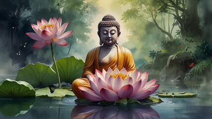 buddha with lotus flower and lotus