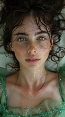 Fototapeta premium Intense Gaze: A Portrait of a Woman with Wet Hair and Freckles