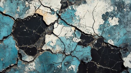 Obraz premium Top view of cracked concrete with bold streaks of black, blue, and white. Abstract high-contrast textures forming a chaotic, cracked surface