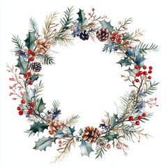 Retro christmas wreath watercolor, great design for any purposes. Watercolor illustration. Invitation card design. Invitation banner design. Vector frame. isolated on white background 