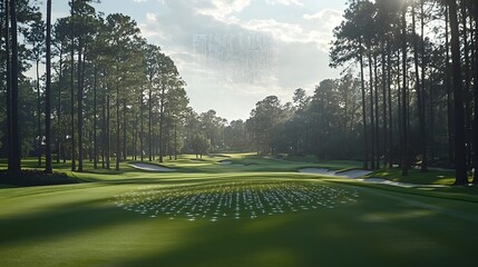 Holographic Golf Course Analysis Projected Above Green with Ample Copy Space Available in Sky and Surrounding Fairway for Advertising or Messaging