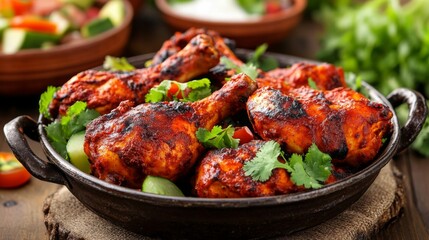 Fototapeta premium Grilled Chicken Drumsticks with Fresh Herbs and Vegetables