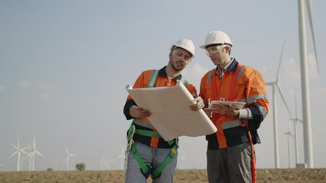 Renewable energy engineers working on wind turbine projects. Technician workers use a tablet to work together outdoors at windmill farms. Engineers research environmentally friendly ecology energy. 